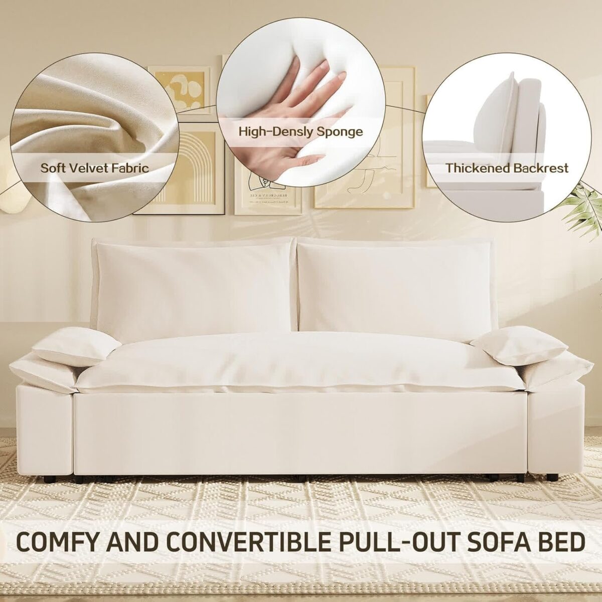 Futon Sofa Bed Queen Size, Pull Out Bed, 3-in-1 Convertible Sleeper Sofa with 2 Soft Pillows, Modern Velvet Futon Couch for Living Room