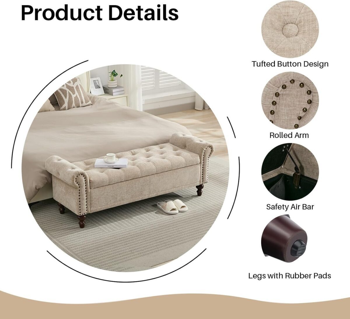 Storage Bench Upholstered Chenille End of Bedroom Bed Bench Ottoman with Tufted Cushioned Rolled Arm