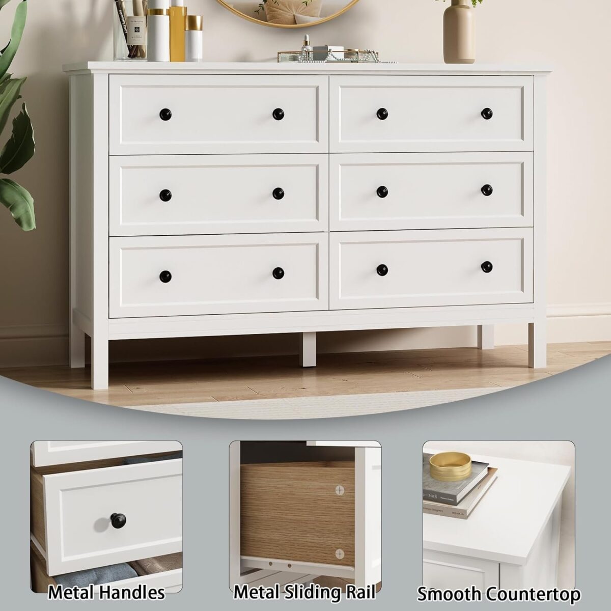 White Dresser for Bedroom, 6 Drawer Dresser with Wide Drawer and Metal Handles, Wood Dressers