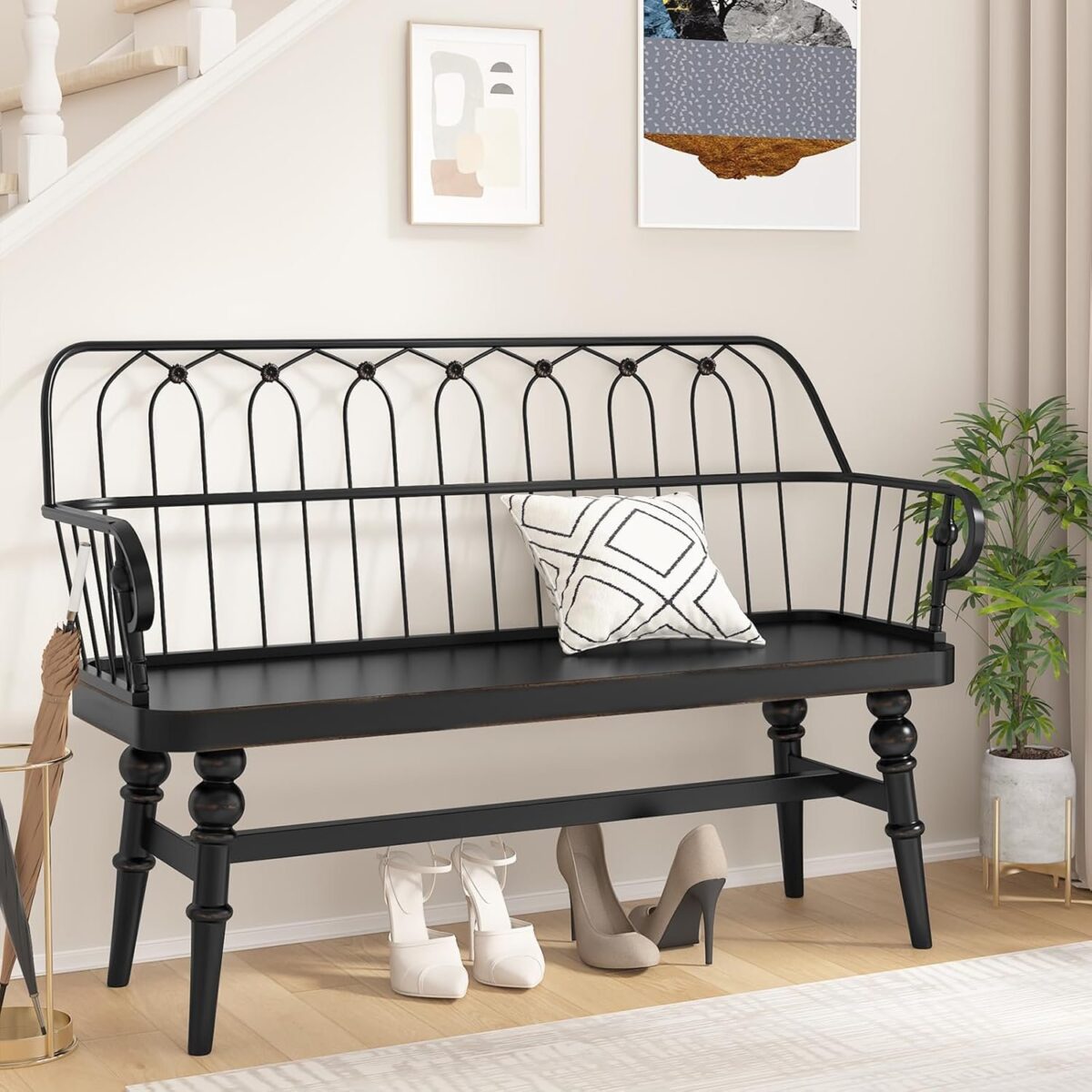 Entryway Bench,Spindle Back Wooden Dinning Bench, Farmhouse Foyer Bench for Entryway