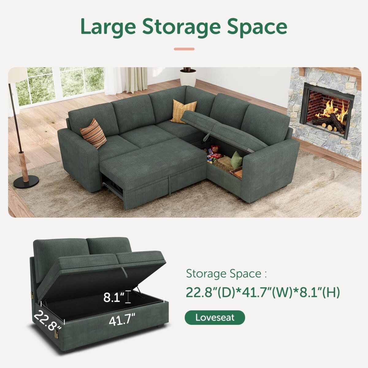 Sleeper Sofa with Pull Out Bed, Corduroy L Shaped Couch with Storage Seats, Convertible Couches