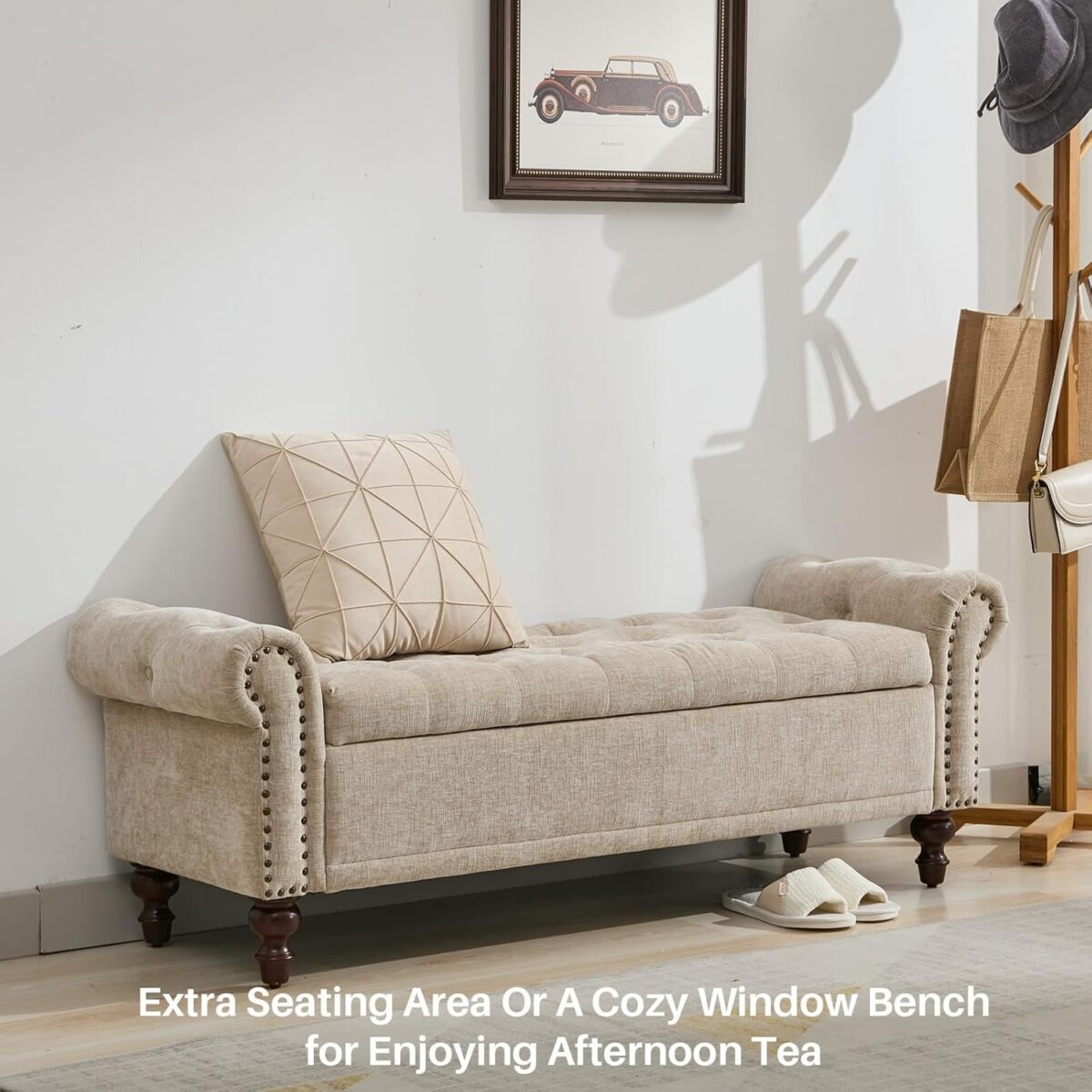 Storage Bench Upholstered Chenille End of Bedroom Bed Bench Ottoman with Tufted Cushioned Rolled Arm