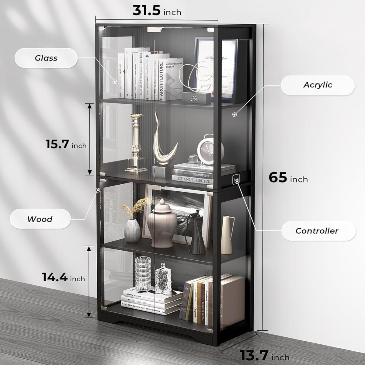 Display Cabinet with Glass Doors, 4-Tier Curio Cabinet&Bookcase with 3 Color Light for Collectibles, Toys, Books