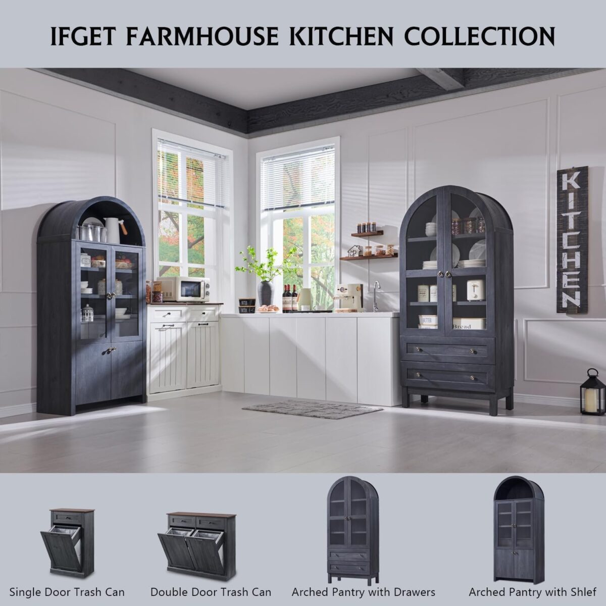 71" Tall Arched Kitchen Pantry Cabinet, Modern Farmhouse Kitchen Storage Cabinets with Open & Adjustable Shelves