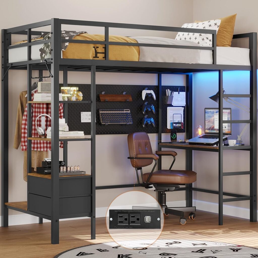 Loft Bed Twin Size with Desk and Charging Station Metal Loft Bed with Led Lights,Storage Shelves and Drawers