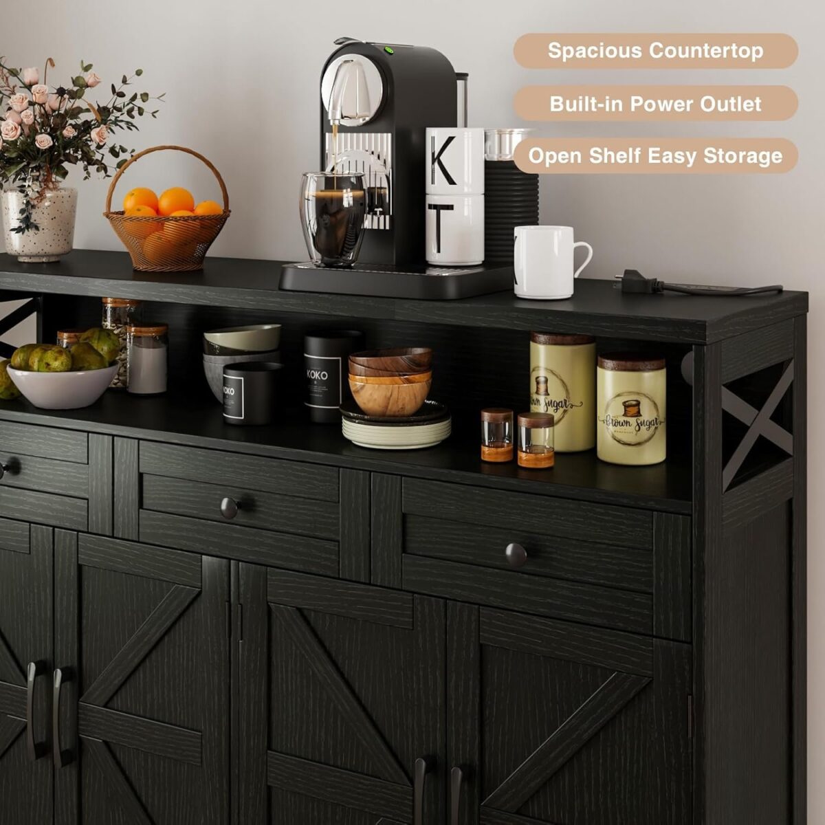 Black Buffet Sideboard Cabinet with Storage, Farmhouse Kitchen Storage Pantry Cabinet with Shelves, Wood Cupboard Hutch Cabinet