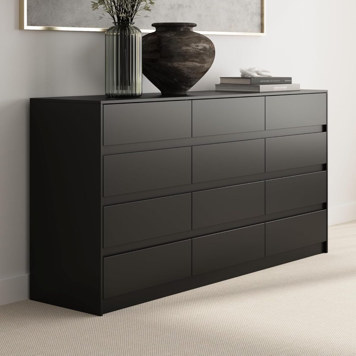 Dresser with 12 Handleless Drawers, 63" Large Chest of Drawers with Slide Rails, Modern Wooden Double Dresser