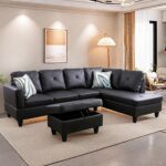 L Shaped Sectional Couches, Modern Convertible Lounge Leather Sofa with Ottoman Storage