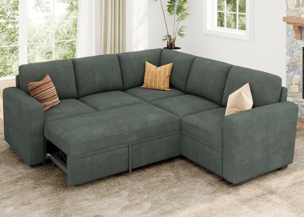 Sleeper Sofa with Pull Out Bed, Corduroy L Shaped Couch with Storage Seats, Convertible Couches