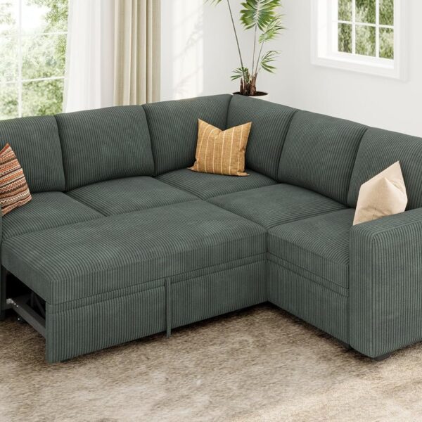 Sleeper Sofa with Pull Out Bed, Corduroy L Shaped Couch with Storage Seats, Convertible Couches