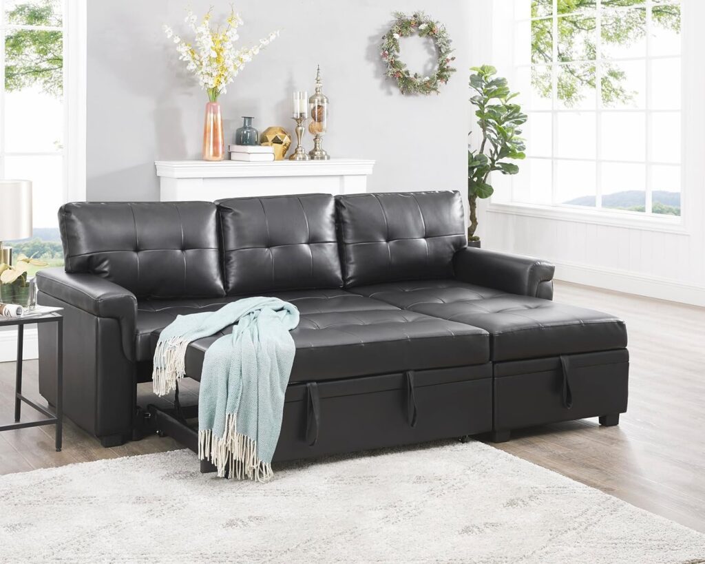 Home Jenny Sectional Sofa Sleeper with Storage Chaise, Tufted Pull Out Couch with Storage, Sectional Sofa Bed