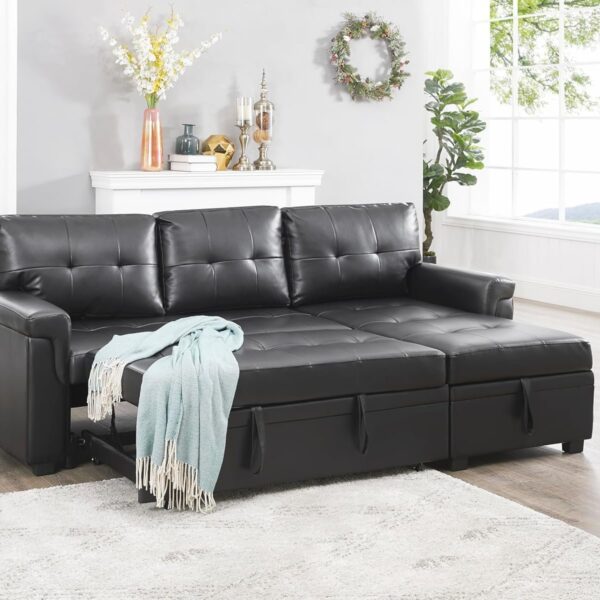 Home Jenny Sectional Sofa Sleeper with Storage Chaise, Tufted Pull Out Couch with Storage, Sectional Sofa Bed