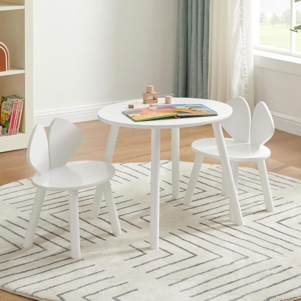 Kids Table and Chairs Set, Oval Tabletop and 2 Rabbit Chairs for Toddler Playing, Activity, White