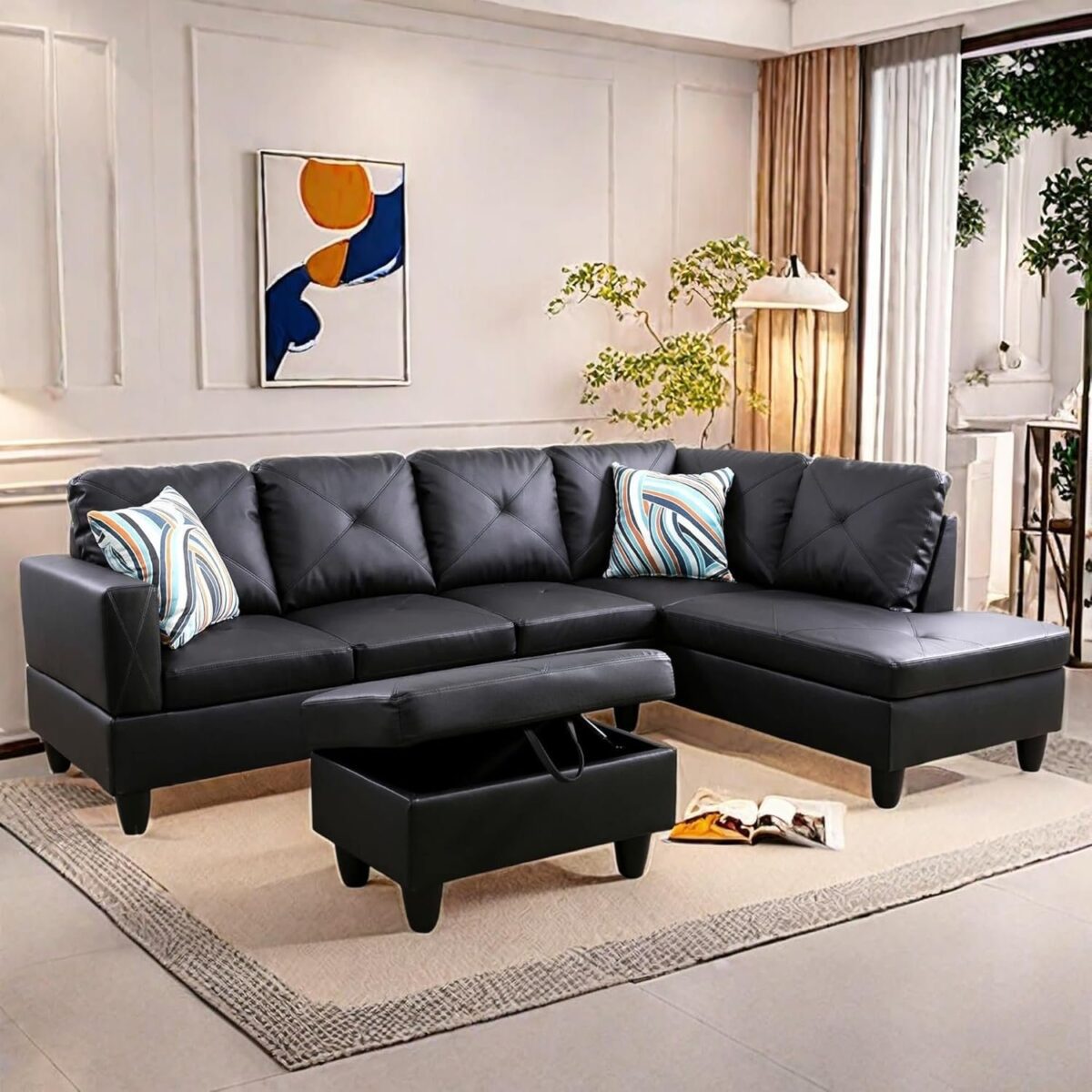 L Shaped Sectional Couches, Modern Convertible Lounge Leather Sofa with Ottoman Storage