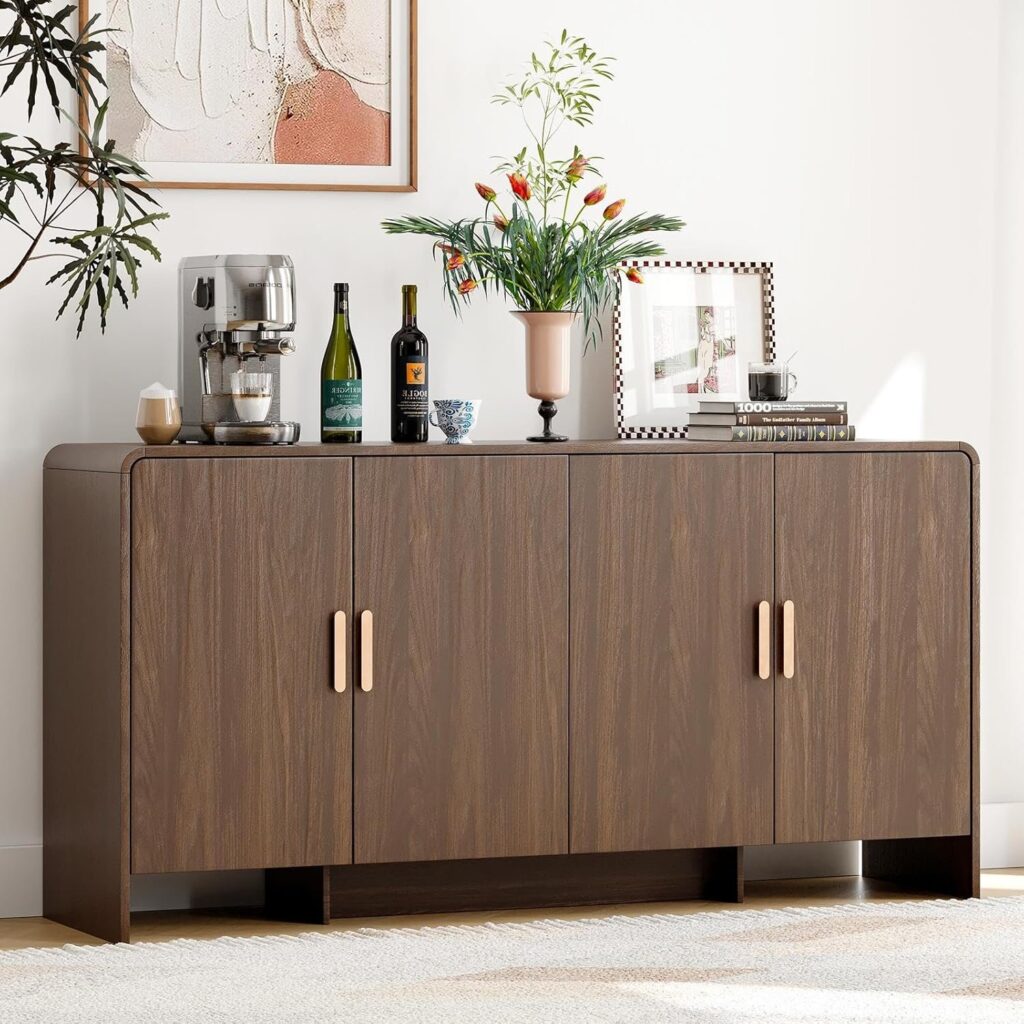 Sideboard Buffet Cabinet with Storage, Curved Design Farmhouse Coffee Bar Cabinet with 4 Doors & Adjustable Shelves for Dining Room