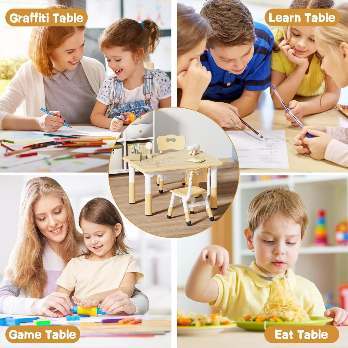 Kids Table and 2 Chairs Set, Height Adjustable Table and Chair Set, Graffiti Desktop Multi-Activity Table