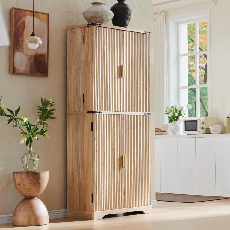Fluted Pantry Cabinet, 72" Tall Modern Storage Cabinet with 4 Doors, Organizer