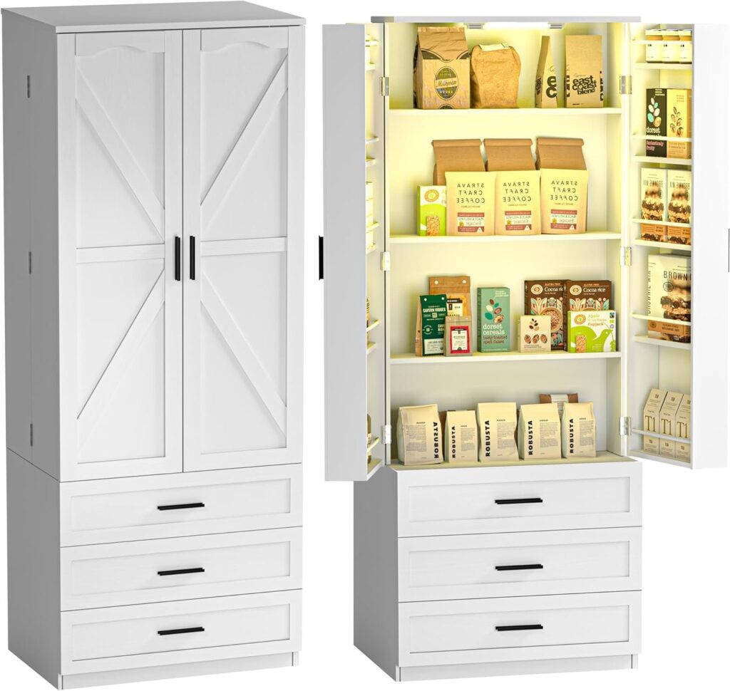 Cabinet with 3 Drawers Farmhouse Tall Storage Cabinet Wood Food Pantry with Barn Doors and Adjustable Shelves Versatile Storage