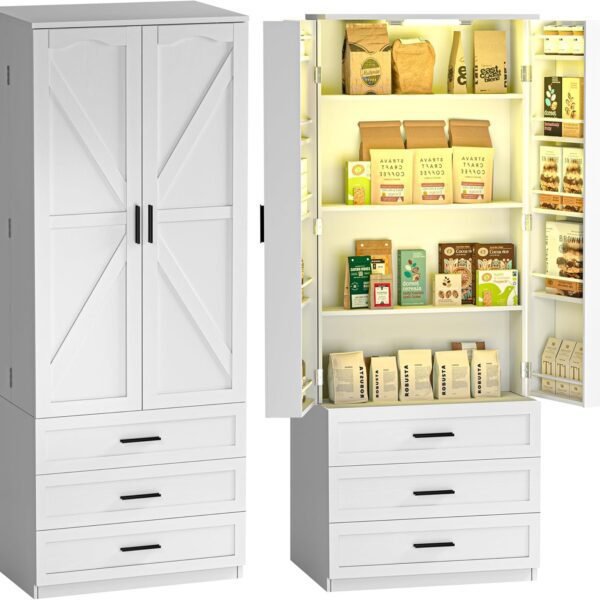 Cabinet with 3 Drawers Farmhouse Tall Storage Cabinet Wood Food Pantry with Barn Doors and Adjustable Shelves Versatile Storage