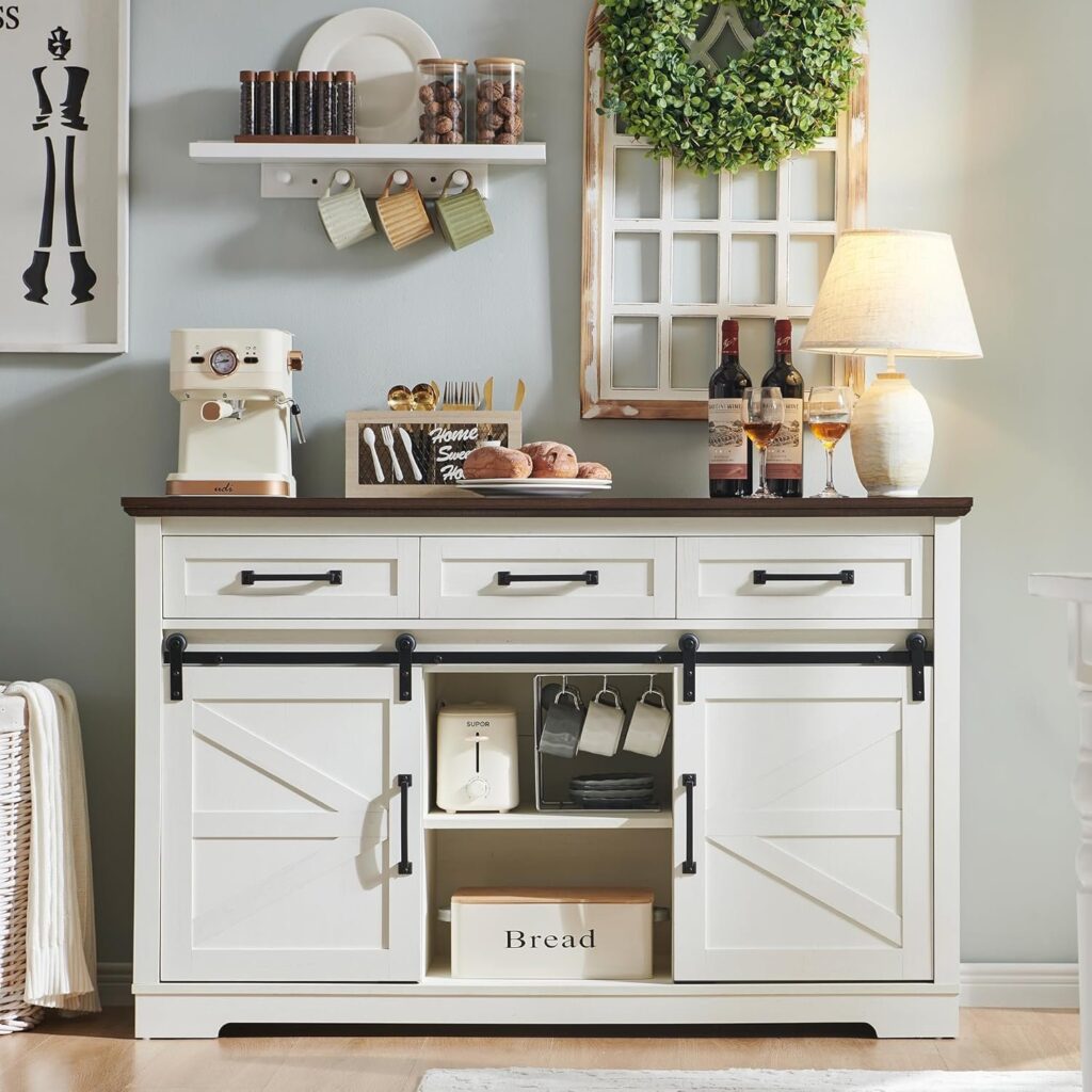 Farmhouse Buffet Cabinet, Coffee Bar Cabinet with 3 Drawers, Rustic Sideboard Cabinet w/Sliding Barn Door