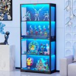 Display Cabinet with Glass Doors, 4-Tier Curio Cabinet&Bookcase with 3 Color Light for Collectibles, Toys, Books