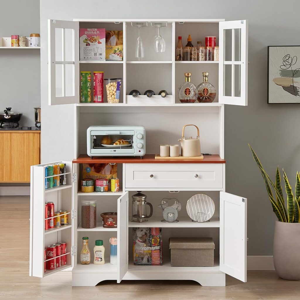 Kitchen Pantry Storage Cabinet,Modern Kitchen Hutch with Microwave Stand,Food Pantry Cabinet with Countertop Shelves