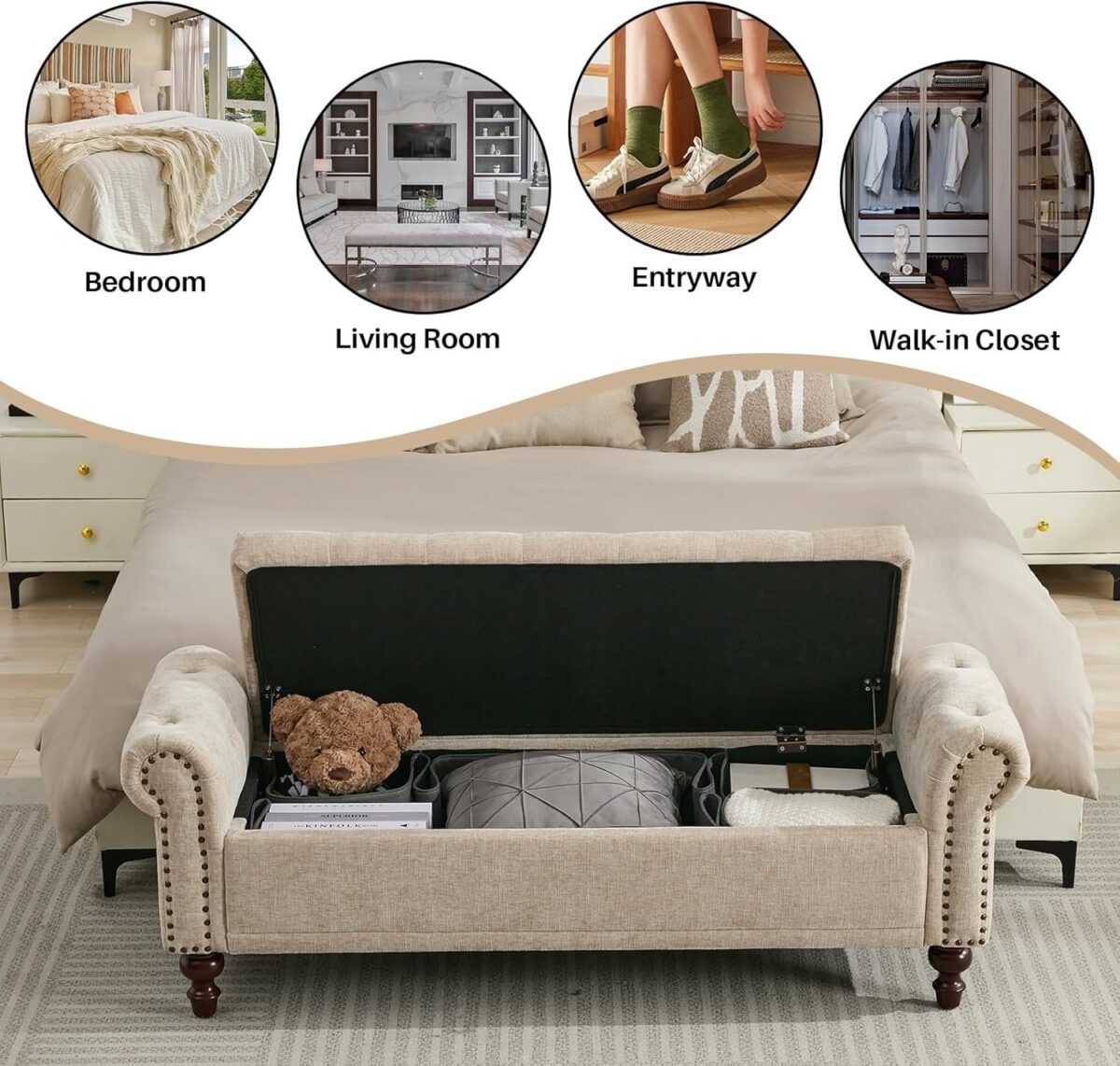 Storage Bench Upholstered Chenille End of Bedroom Bed Bench Ottoman with Tufted Cushioned Rolled Arm