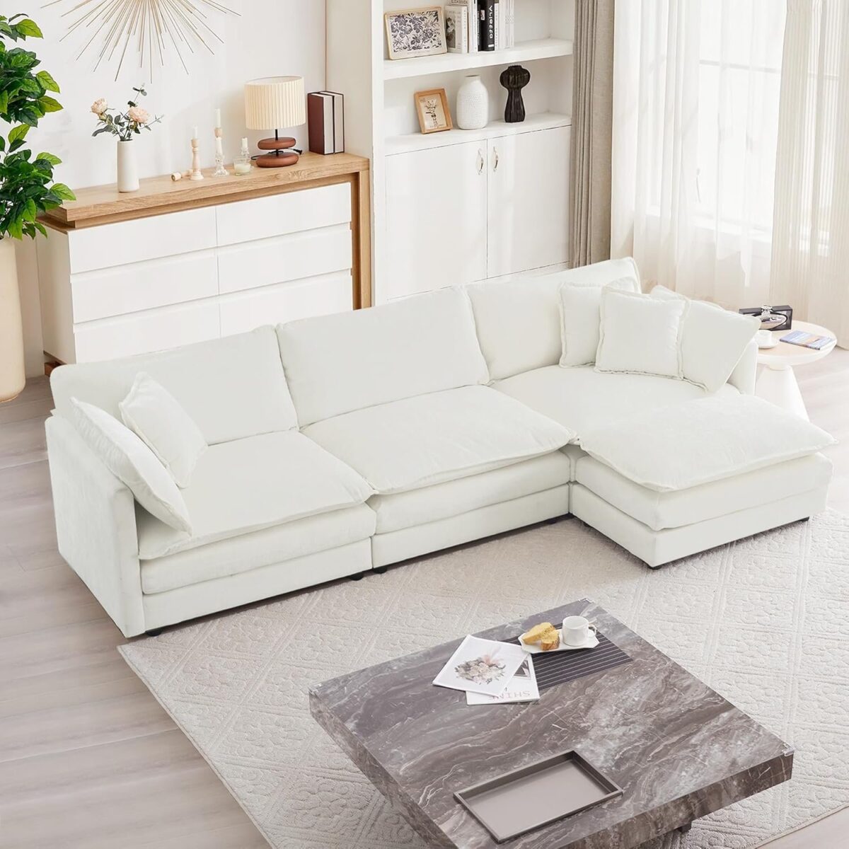 L Shaped Couch Set for Living Room, 3-Seater Comfy Cloud Couches with Movable Ottoman, DIY Combination