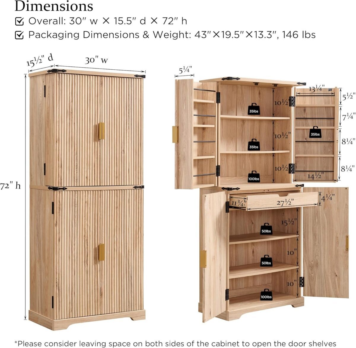 Fluted Pantry Cabinet, 72" Tall Modern Storage Cabinet with 4 Doors, Organizer