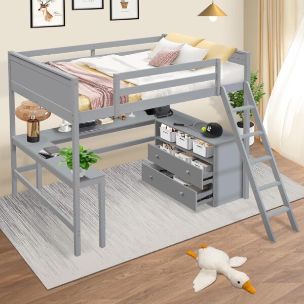 Full Loft Bed with L-Shaped Desk, Storage Shelves and 2 Drawers, Solid Wood Full Size Loft Bed Frame with Guardrails