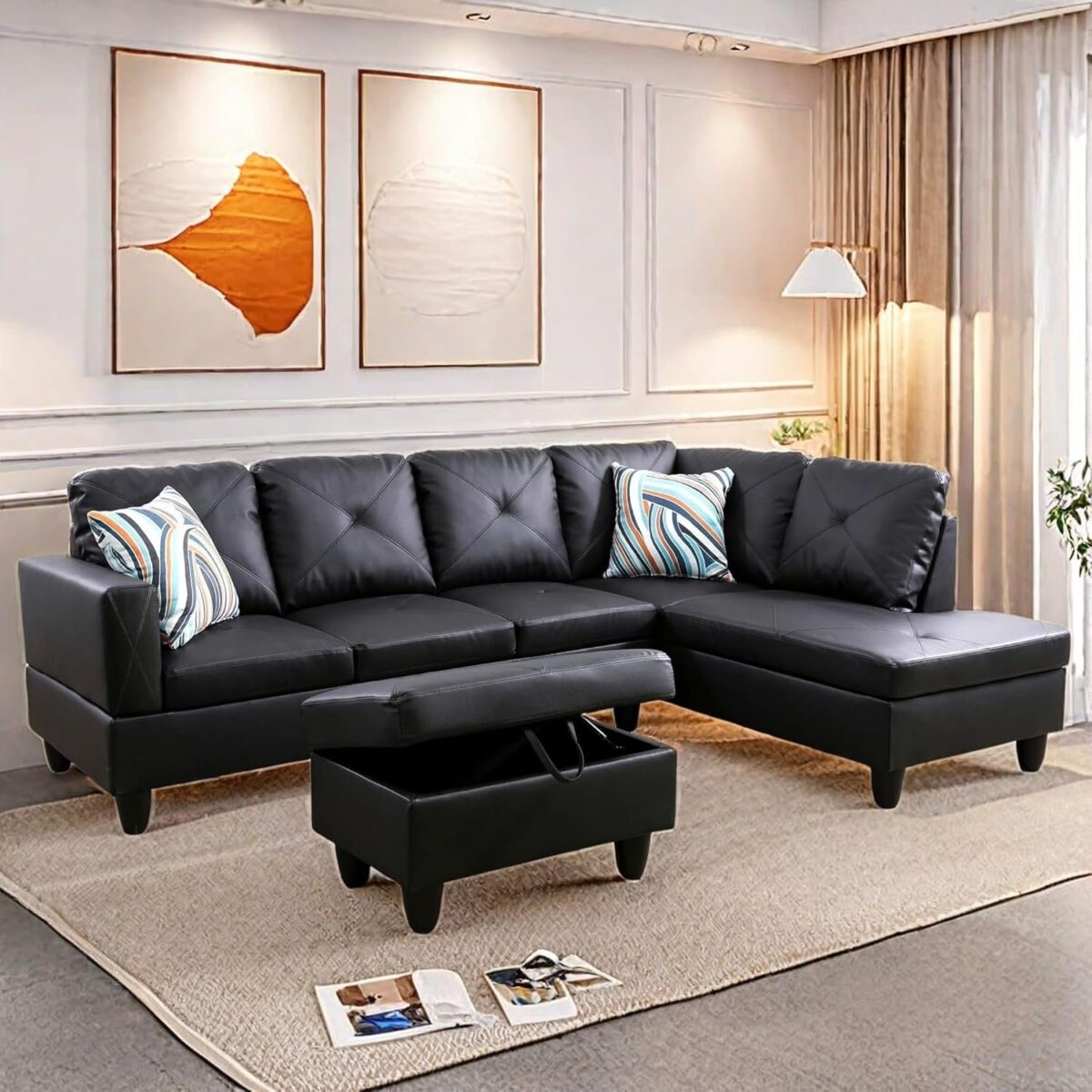 L Shaped Sectional Couches, Modern Convertible Lounge Leather Sofa with Ottoman Storage