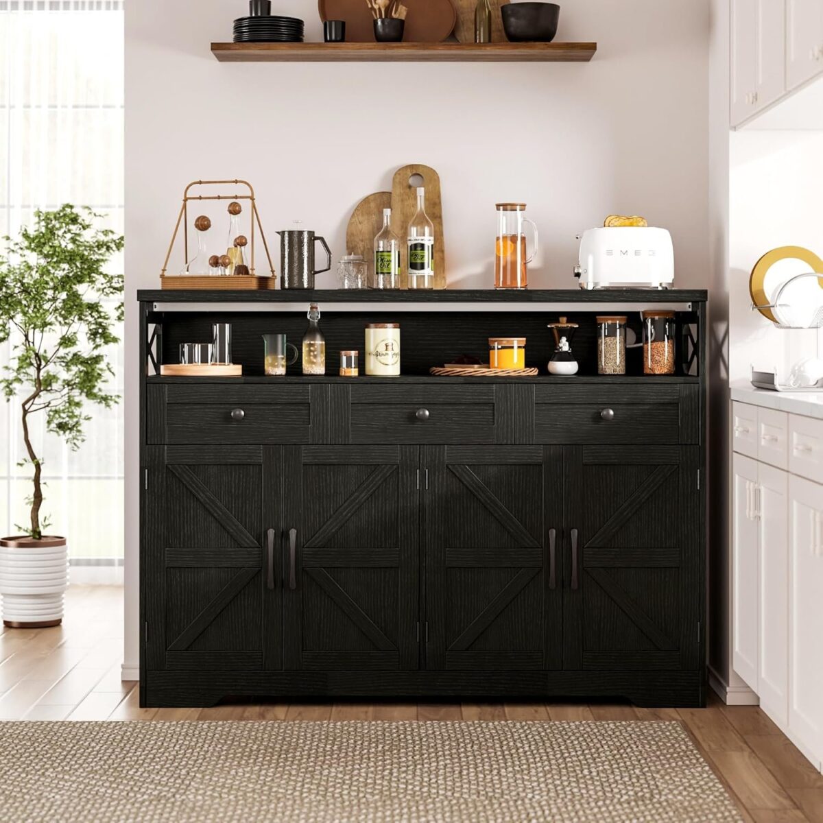 Black Buffet Sideboard Cabinet with Storage, Farmhouse Kitchen Storage Pantry Cabinet with Shelves, Wood Cupboard Hutch Cabinet