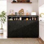 Black Buffet Sideboard Cabinet with Storage, Farmhouse Kitchen Storage Pantry Cabinet with Shelves, Wood Cupboard Hutch Cabinet