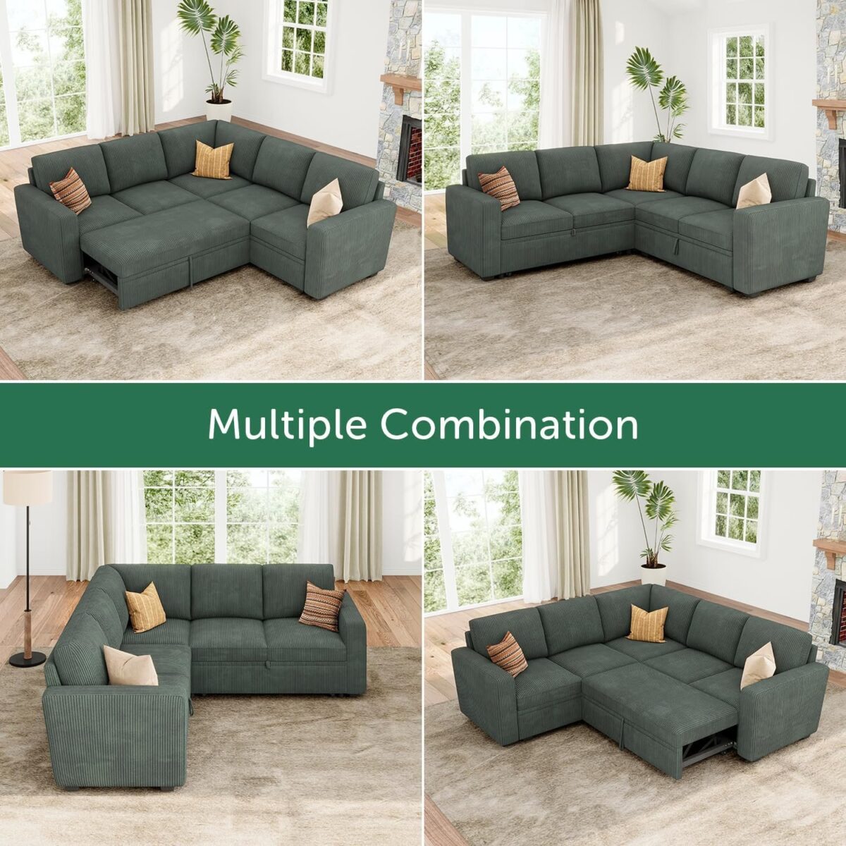 Sleeper Sofa with Pull Out Bed, Corduroy L Shaped Couch with Storage Seats, Convertible Couches
