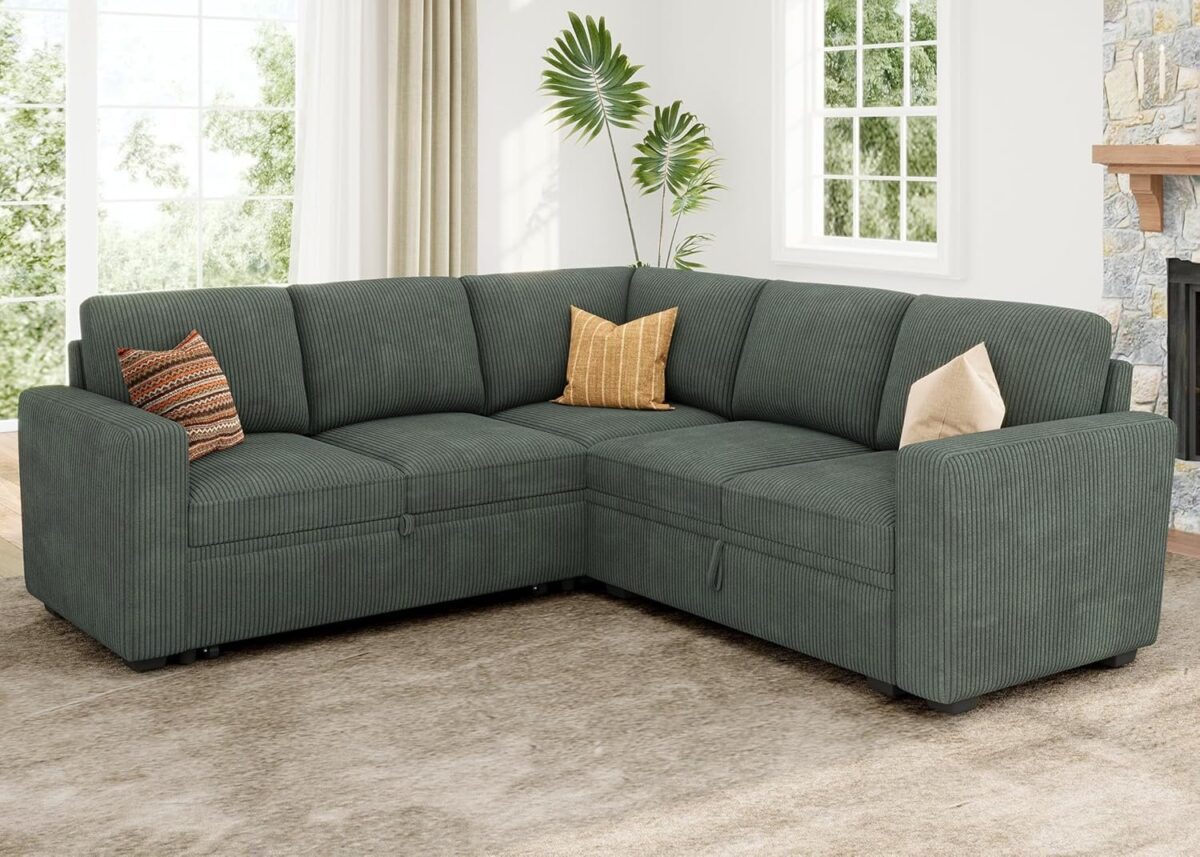 Sleeper Sofa with Pull Out Bed, Corduroy L Shaped Couch with Storage Seats, Convertible Couches