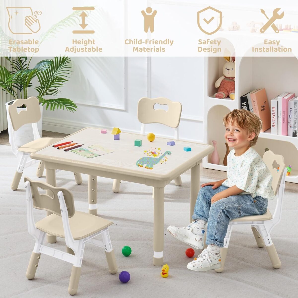 Kids Table and 4 Chairs Set, Height Adjustable (17.7"-26.1") Toddler Table and Chair Set