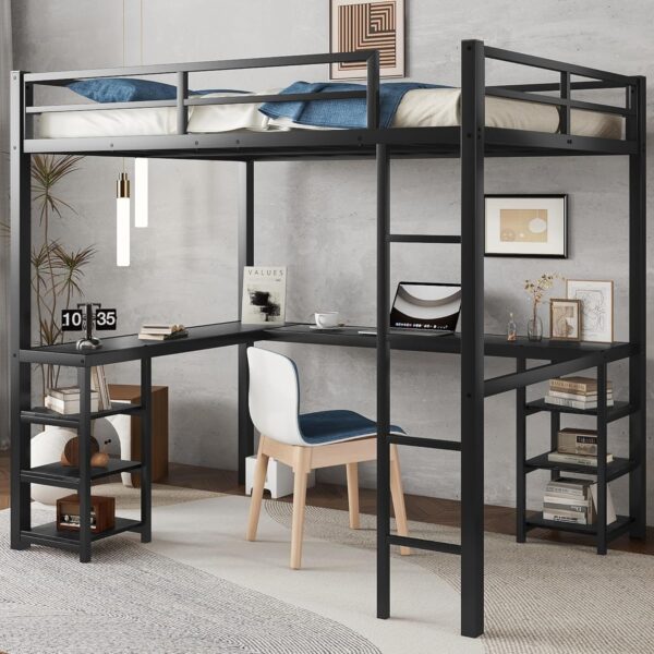 Full Size Loft Bed with Desk and Storage Shelves, Heavy Duty Metal Loft Bed with Black Desk and Guardrail