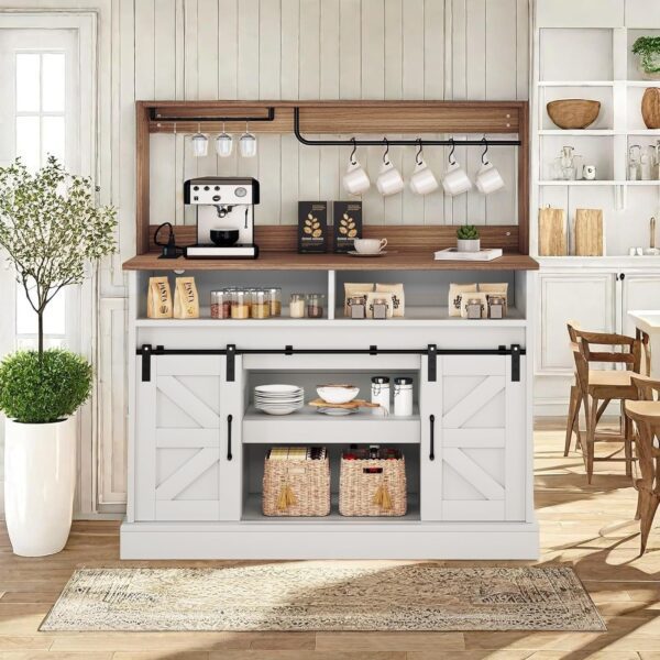 Farmhouse Buffet Cabinets with Storage, 47" Coffee Bar with Goblet Holder & Power Outlet