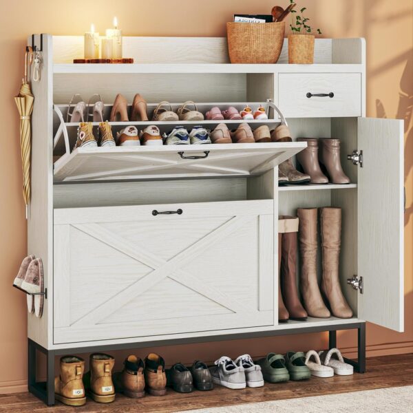 Shoe Cabinet with 2 Flip Drawers & Side Cabinet, Shoes Cabinet with Adjustable Shelves, Shoe Storage Cabinet with Drawer