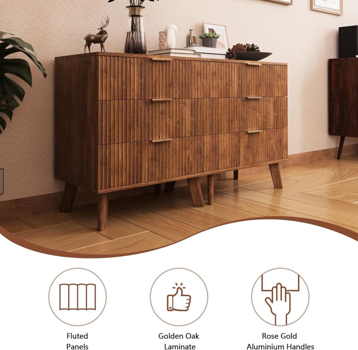 Fluted 3 Drawer Dressers, Modern Closet Dressers Chest of Drawers, Wood Storage Dresser Chest of Drawers Organizer
