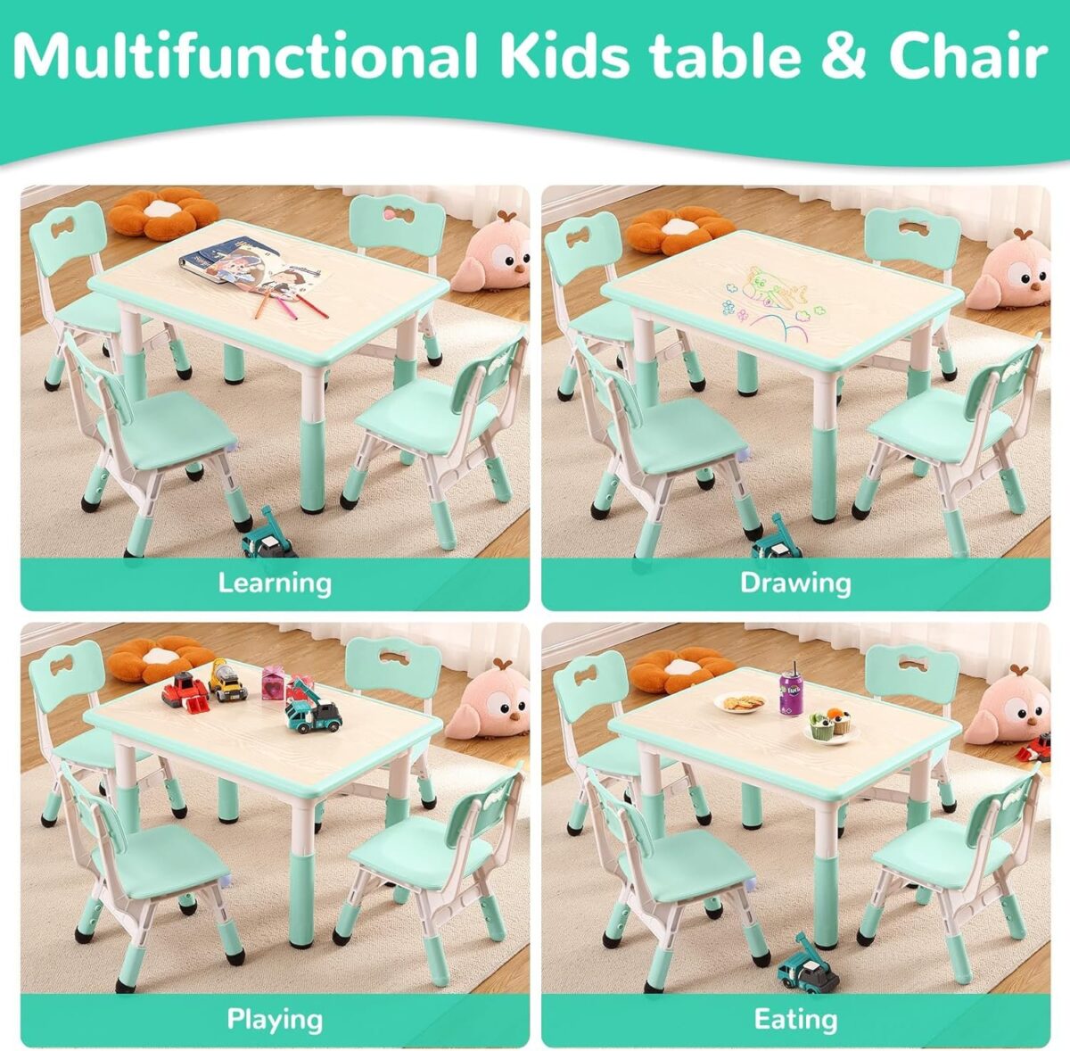 Kids Table and 4 Chairs Set, Height Adjustable Desk for Ages 2-8,Arts & Crafts Table