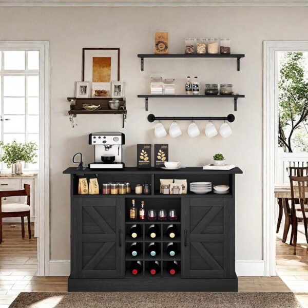 Farmhouse Sideboard Buffet Cabinet with Storage, 47" Coffee Bar with Power Outlet, Wall-Mounted Floating Shelves