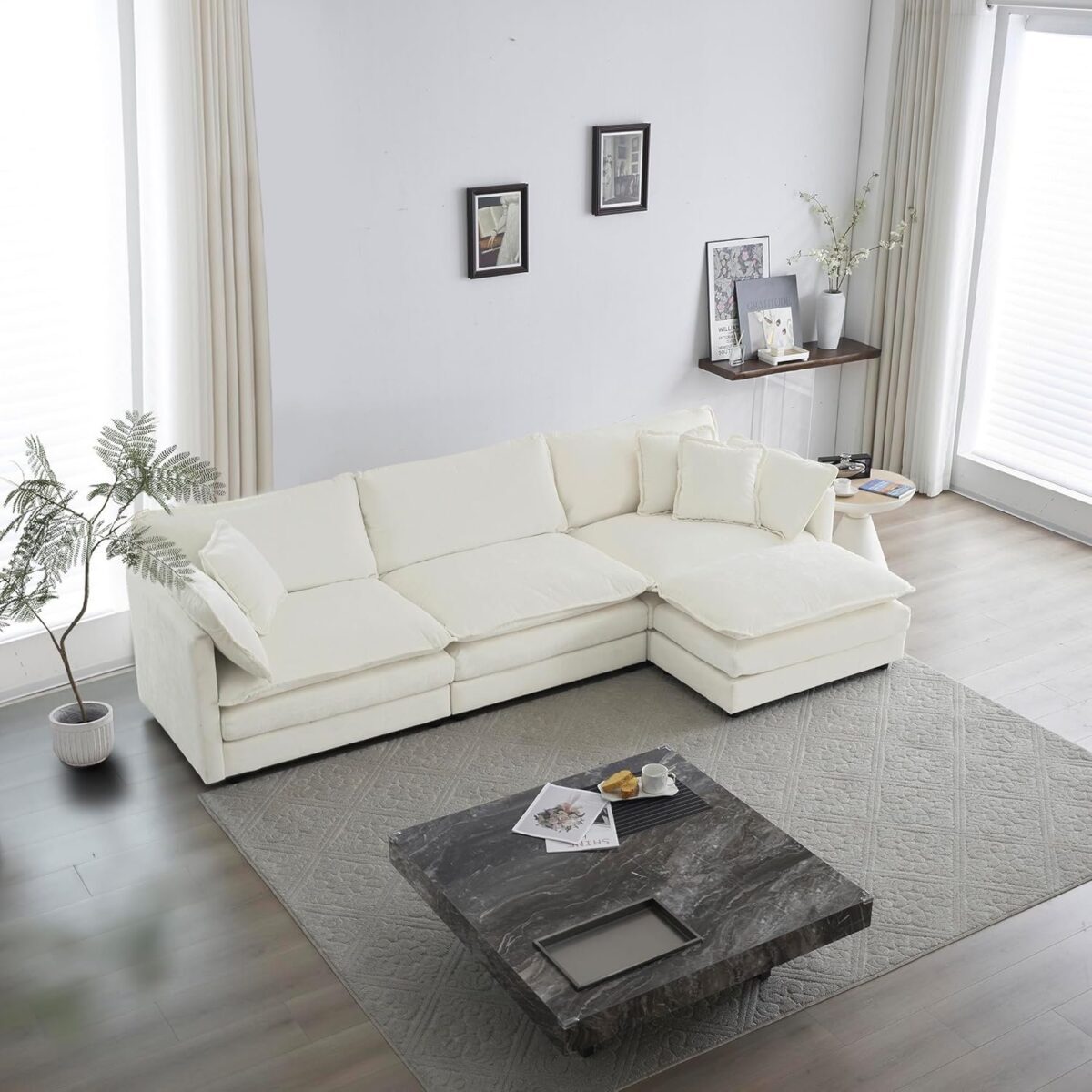 L Shaped Couch Set for Living Room, 3-Seater Comfy Cloud Couches with Movable Ottoman, DIY Combination