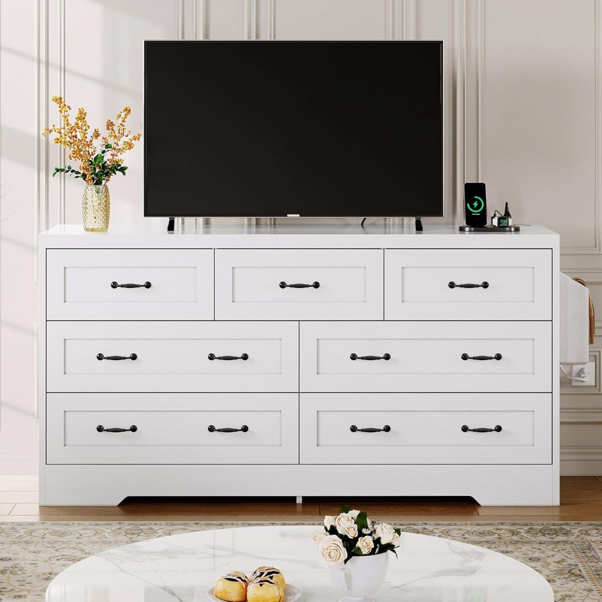 Large Buffet Sideboard Cabinet with 7 Drawers Power Outlets, Dressers Buffet Table Coffee Bar Wine Bar Storage Cabinet