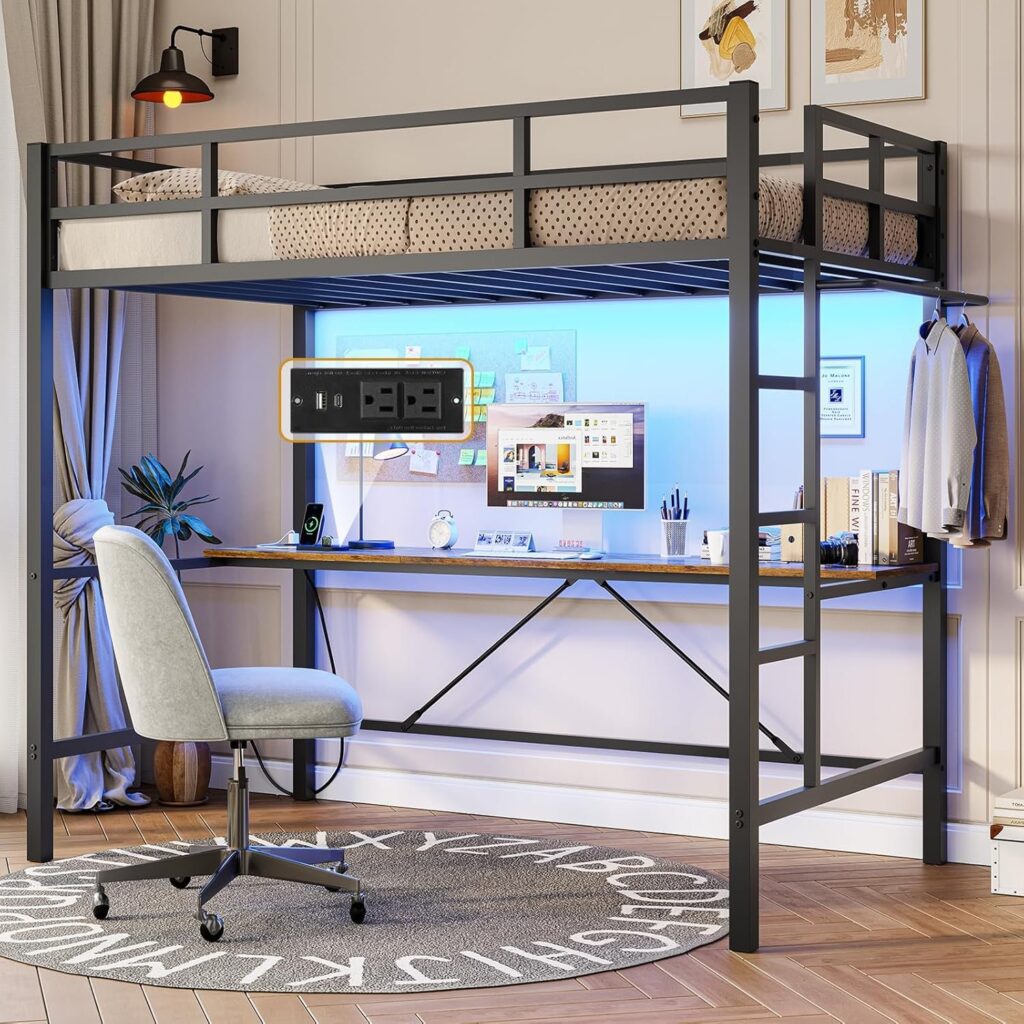 Loft Bed Twin Size with Desk and Led Lights Twin Metal Loft Bed with Charging Station Twin Size Metal Bed Frame with Safety Guard