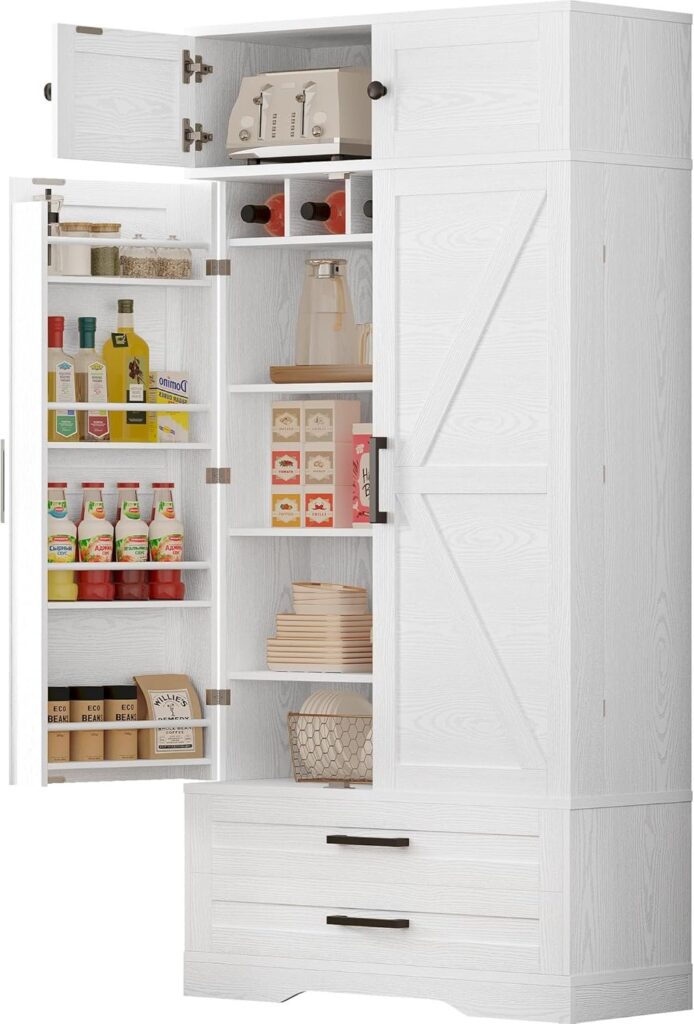 Kitchen Pantry 72" Height, with Eight Hanging Shelves, Two Drawers and Open Storage Cabinet