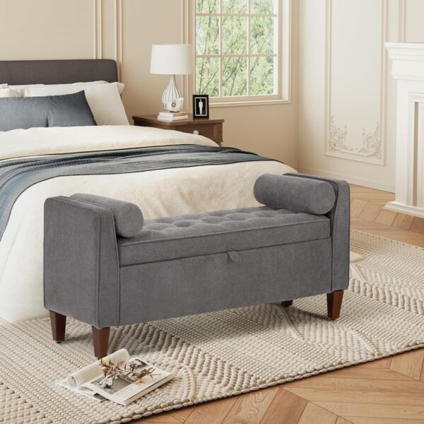 Tufted Storage Bench for Bedroom End, 48 Inch Modern Upholstered Storage Ottoman with Arms and Bolster Pillows