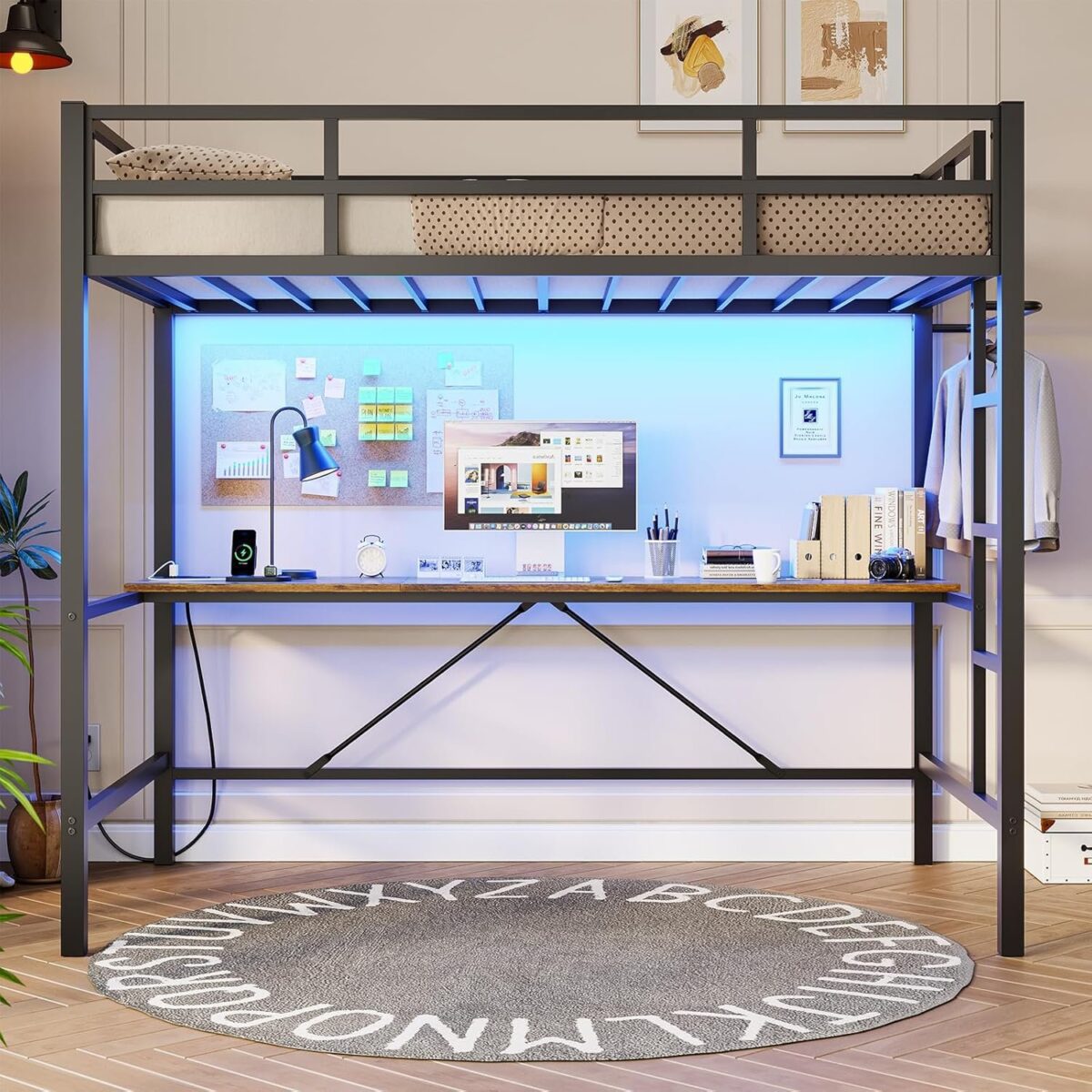 Loft Bed Twin Size with Desk and Led Lights Twin Metal Loft Bed with Charging Station Twin Size Metal Bed Frame with Safety Guard