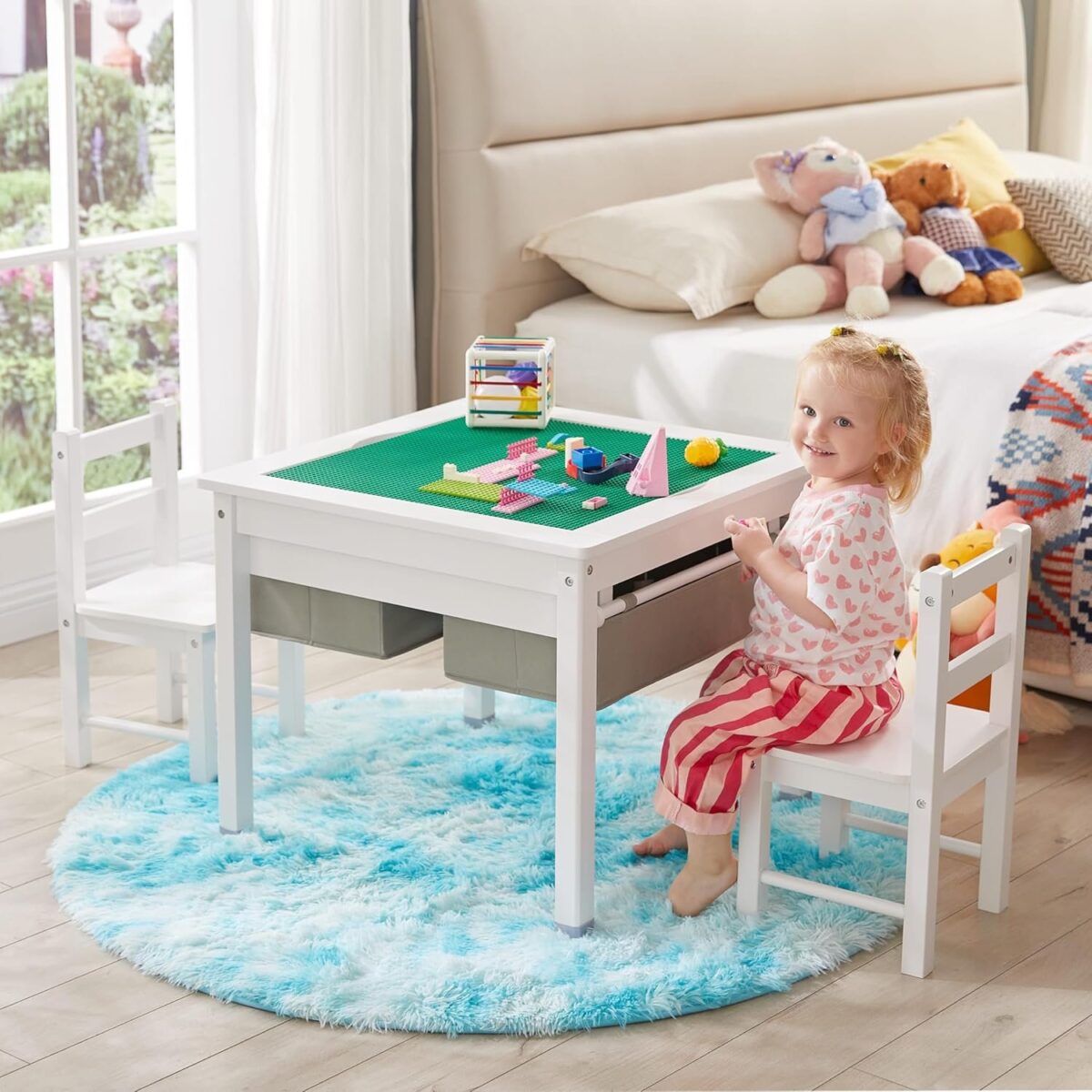 3 in 1 Kids Table and 2 Chairs Set with Storage Drawers, Construction Play Table with Detachable Blocks and Blackboard Tabletop