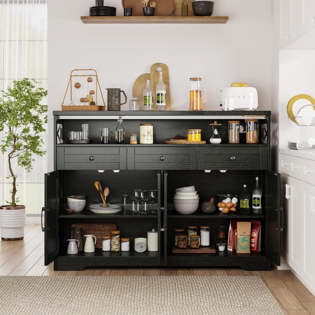 Black Buffet Sideboard Cabinet with Storage, Farmhouse Kitchen Storage Pantry Cabinet with Shelves, Wood Cupboard Hutch Cabinet